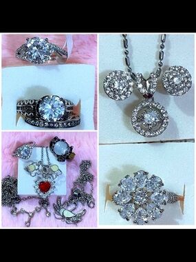 925 Sterling Silver Simulated Diamond Necklace Earring Ring Bundle Jewelry Set/6